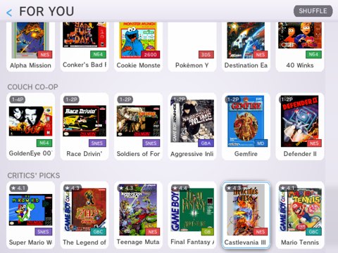 Handheld browse screen: Couch Co-op shelf with player counts and Critics' Picks shelf with rating stamps
