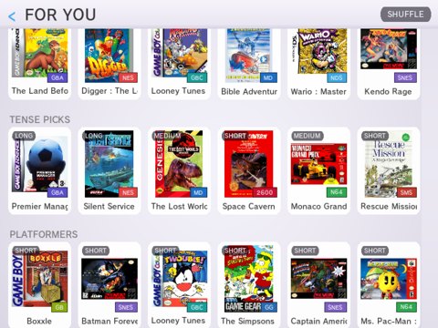 Handheld browse screen: Tense Picks and Platformers shelves, each game stamped with session length