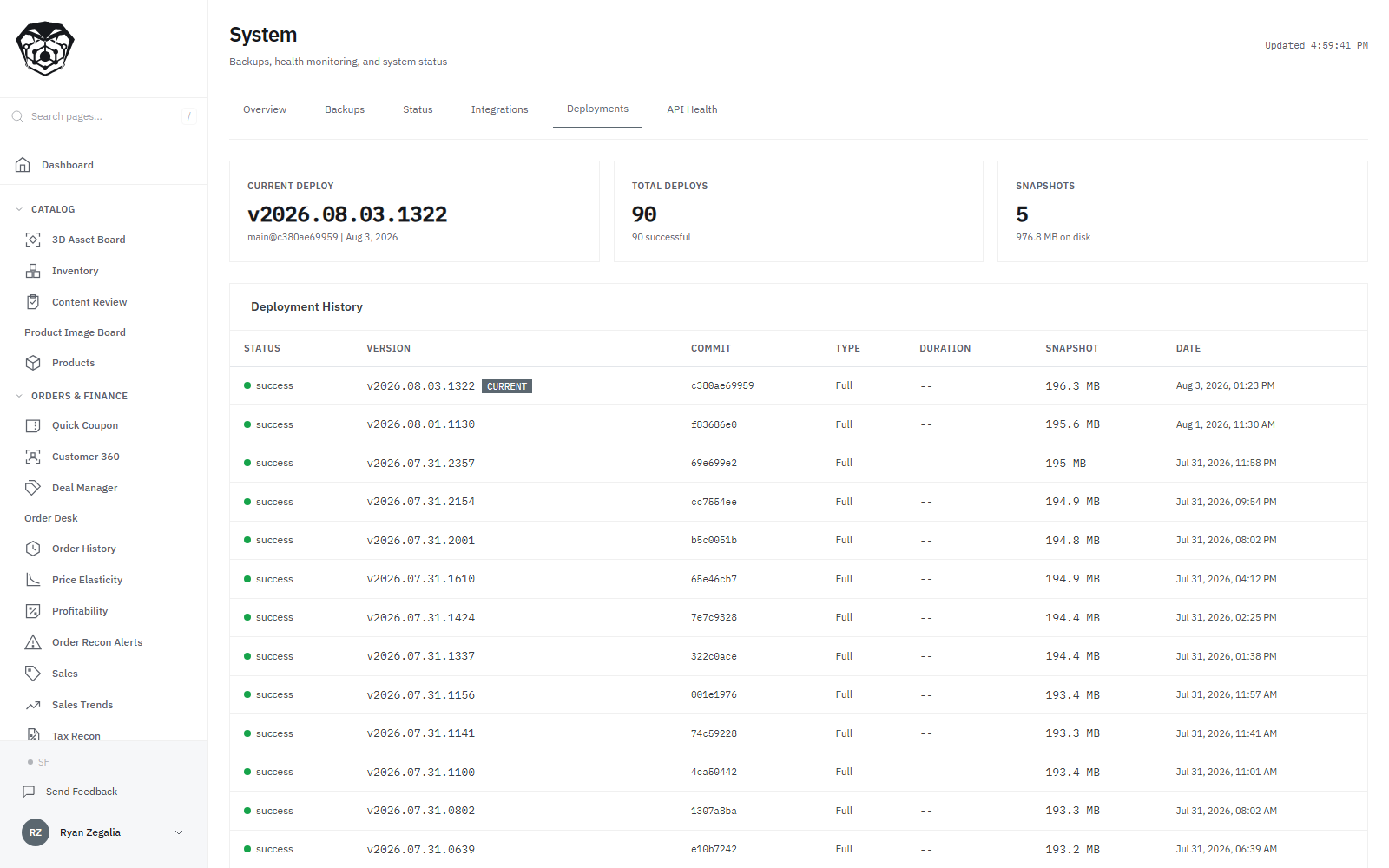The deployment record. Ninety releases, each tagged with the version that went out, the commit it was built from, whether it was a full or partial deploy, and the size of the snapshot taken before it shipped. The current release is named at the top against its commit, and five snapshots are held on disk so any of them can be rolled back to.