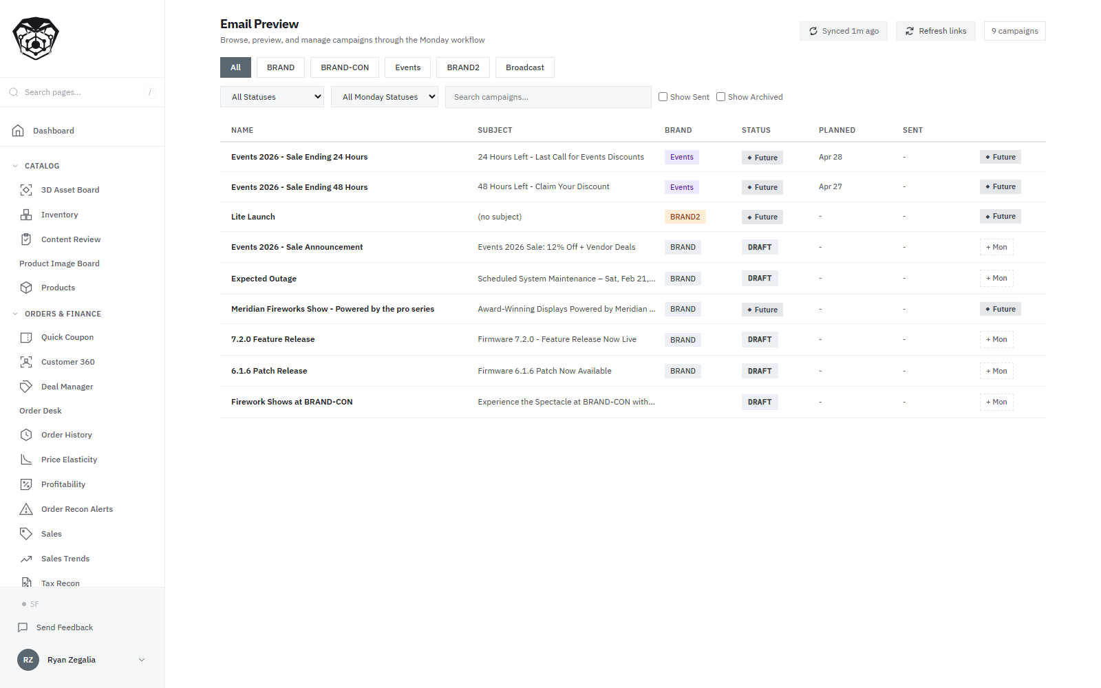 The email board: nine campaigns across four brands and a broadcast list, each row carrying its subject line, brand, send state and its link into the campaign tracker -- sale countdowns, a product launch, two firmware release notes, a maintenance notice and two show announcements. Across the top the board reports its last sync a minute back.