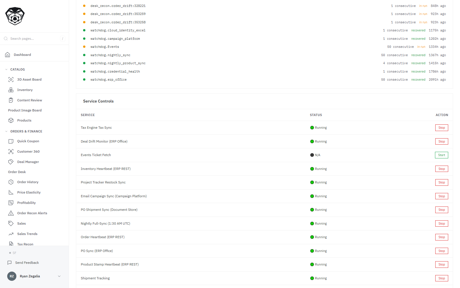 Service controls for the platform's background work. Each named service reports whether it is running and can be stopped from its own row: the tax sync, the deal drift monitor, the inventory and order heartbeats, the restock and email campaign syncs, the document store shipment sync, and the nightly full sync.