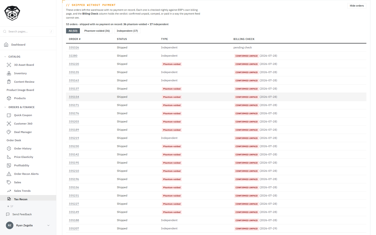 The shipped-without-payment review. Fifty-six orders left the warehouse with no payment on record, split into forty whose payment was voided as unverifiable and sixteen that reached this state on their own. Each row carries a billing check run against the ERP's own billing page, and every one of these came back confirmed unpaid.