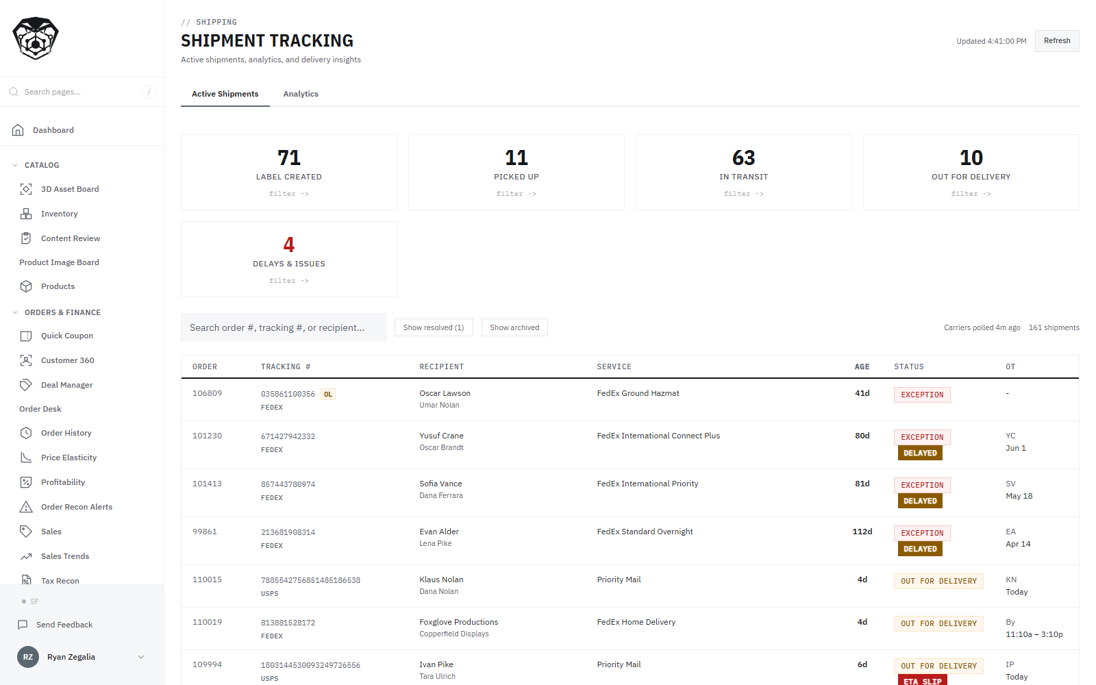 Open shipments grouped by where they have got to: 71 with a label created, 11 picked up, 63 in transit, 10 out for delivery and 4 carrying delays or issues. Each row shows the carrier service, how old the shipment is, its current status and its estimated arrival, over a line reporting the carriers were last polled four minutes ago.